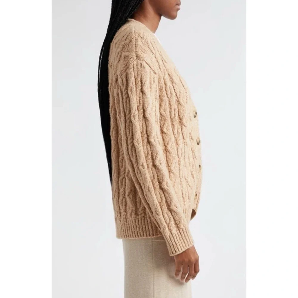 ATM Chunky Cable Knit Melillo Wool & Cotton Blend V-Neck Cardigan Sweater Size M